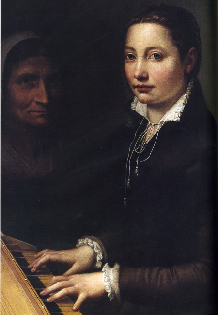 סופוניזבה אנגוויסולה (Sofonisba Anguissola), דיוקן עצמי, מנגנת בקלאוויקורד (או וירג'ינל).